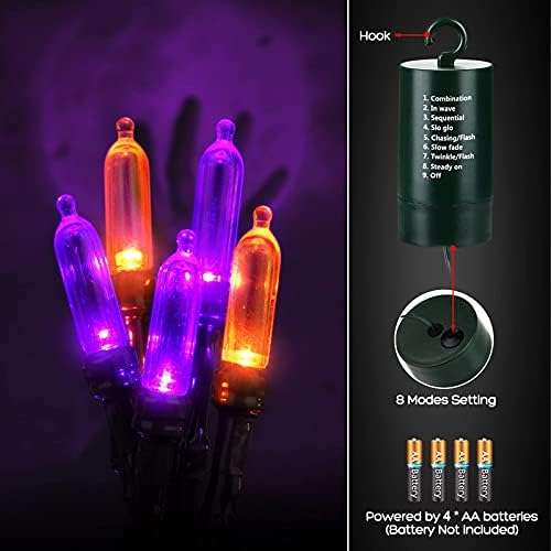 Флачи портокалова виолетова светла за вештерки на вештерките 100 LED 33 стапки батерија управувани со жица светла водоотпорни 8 режими