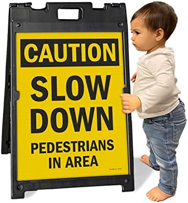 SmartSign 24 x 18 инчи „Внимание-забави, пешаци во област“ двострана комплет за знаци на Babyboss A-Frame, пластика, црна и жолта