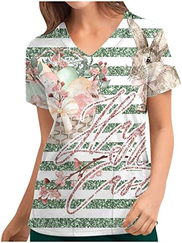 Women'sенски врвови за чистење В-врат-врат за велигденски ден за зајакнување на кратки ракави со униформа со џебни летни маици