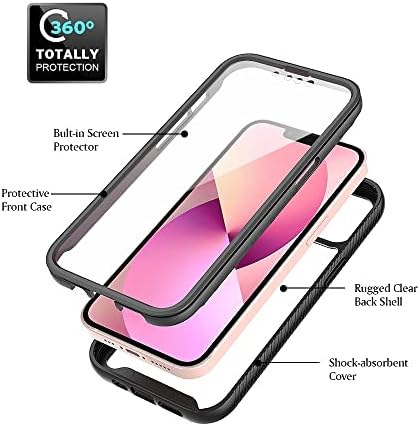 Покријте го телефонскиот случај на целосна заштита, компатибилен со iPhone 13 тврд компјутер+мек силиконски TPU 3IN1 Шокано-заштитен заштитен