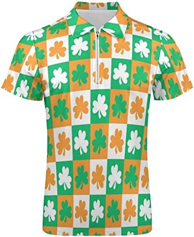 PDFBR MENS ST PARTICKS ДЕН Поло кошули Обичен 3Д дигитален принт поштенски код на вратот со кратки ракави, зелена графичка голф врвови