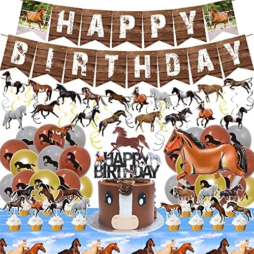 56 парчиња Украси За Роденденски Забави За Коњи Тема За Коњи Среќен Роденден Банер Висечки Вител Фолија Балони Од Латекс Торта