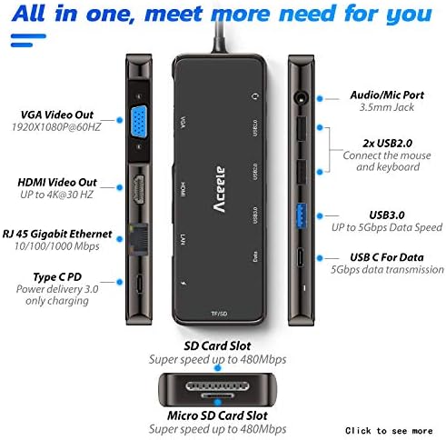 ACEELE 11-во-1 USB C Hub, 3 USB Порти, 4K HDMI, VGA, 2 USB-C Порти, 3,5 mm Jack, LAN, Tf/Sd Читач На Картички