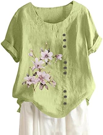 Женска памучна постелнина тркалезна врата блуз глуварче кратки ракави со врвови на копчињата печатени маица