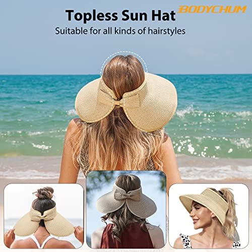 Капчиња за сонце за жени, широки капачиња од слама сонце, топлес се тркалаат прилагодлива капа за плажа за одмор на плажа за