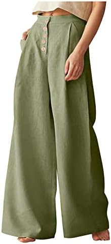 Женски памучен постелнина палацо широка нозе Пант со џебови лабава проточна копче салон панталони обични широки панталони на дното на bellвончето
