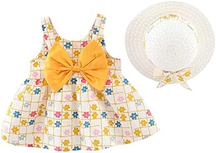LCZIWO 1-5T Бебе девојче лето фустан без ракави за роденденски фустани Фустани со цвет лак за одмор со сет на слама капа