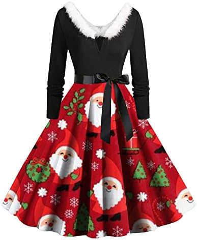 Женски Божиќни фустани 2022 Пуловер со долги ракави со долги ракави со долги ракави Обичен печатен врат обвивка Хепберн фустан