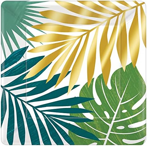 Тропски партиски лисја на палми за 16 лица | Пакетот вклучува хартиени плочи и салфетки | Полинезиски дизајн на палми на палми во зелено