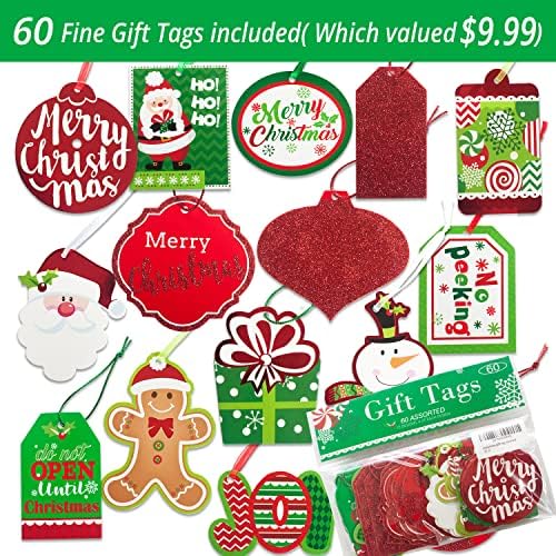 12 дополнителни големи божиќни торби за хартија за подароци Масовно со рачки и 60 брои Божиќни подароци ознаки-6 дизајни umамбо преголеми