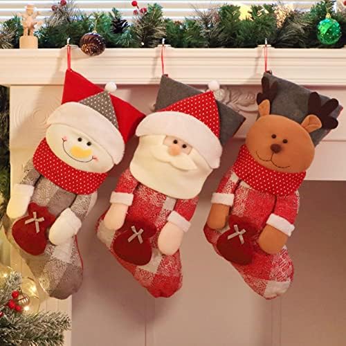 Божиќ 3 парчиња Божиќни чорапи 3Д големи 18 '' Божиќни чорапи со ирваси на ирваси на Дедо Мраз, шема за деца, деца со подароци