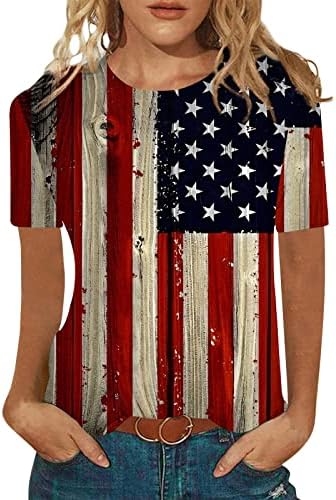 КУКУХАМ 4 јули Облека За Жени Мода Лето Лежерно Американско Знаме Памук Лен Краток Ракав Врвот
