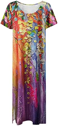 Женски обичен лабав долг фустан со тркалезен врат Краток ракав Сплит макси фустани лето вратоврска со цвеќиња од цвеќиња од цвеќиња