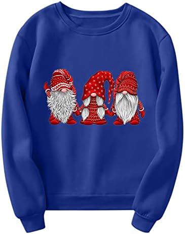 Beuu Gnome Print Long Sleeve Plus Size Tiles Mirets Merry Cranshirs Sweatshirts Обичен екипаж врат на екипажот Божиќ пулвер врвови