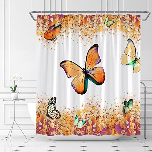 YSATNSFT Пеперутка Туш Завеса Виолетова Животински Цвет Крилја Сон Фантазија Вода Бела Ткаенина Бања Завеси Декор Вклучуваат