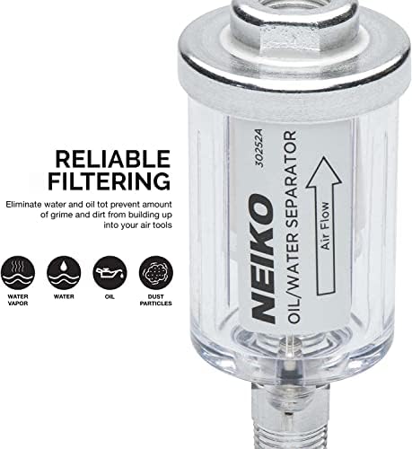 Neiko 30252A сепаратор на вода и масло за воздушна линија 2 пакет | 1/4 НПТ влез и излез, 90 psi, компресор за воздух и додаток за алатки за воздух