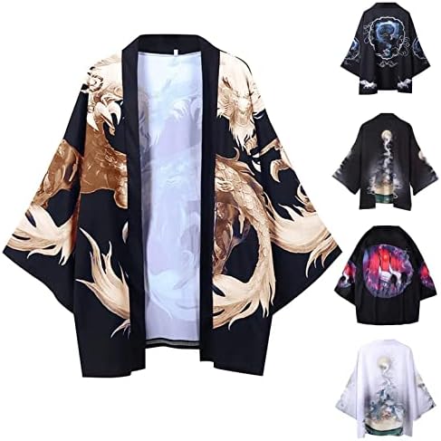 XXBR Јапонски кимоно кардиган за мажи отворен фронт драпет 3/4 ракав Укијое Змеј Печати лесен јакна од кошула на плажа