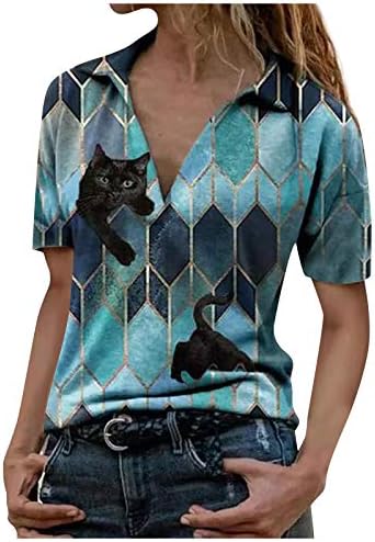 Fragarn летни врвови за жени со ниско сечење на деколте кошула Дијамантска графичка печатење маичка лабава вклопена кратка ракав удобни