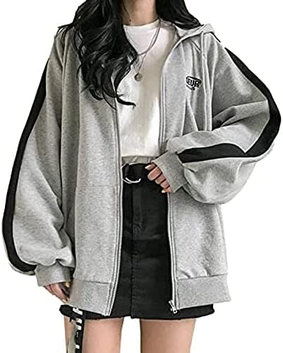 Женски зип качулка и џемпер Харајуку y2k преголема лабава црна јакна Симпатични врвови за тинејџерски девојки гроздобер пуловер