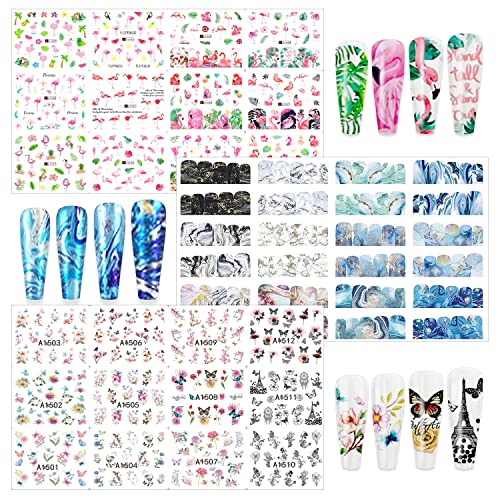 Silpecwee 36 чаршафи со вода за нокти за нокти мермер печати фламинго пеперутка нокти налепници за пренесување на вода