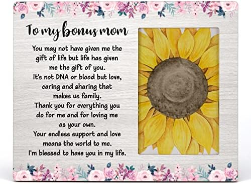 Hoijaumai Floral Bonus Mom Mom Dood Pictures Sharce Подарок, на мојот бонус мајка рустикална дрвена рамка за фото рамка подарок за маќеа маќеа, таблета и монтирање на wallидови, приказ на фо?