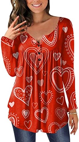 Женски врвови на в Valentубените се кријат маици со долги ракави со долги ракави, симпатична срцева течност Хенли маичка облечени блузи