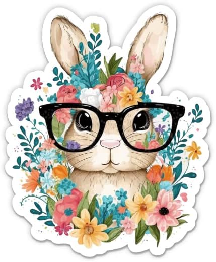 Симпатично зајаче во налепници за очила - 2 пакувања од 3 налепници - водоотпорен винил за автомобил, телефон, шише со вода, лаптоп - цветни