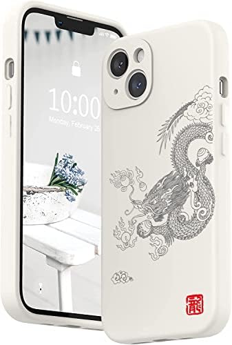 Змеј iPhone 13 кутија, мека силиконска кутија компатибилна со, заштита на фотоапаратот, шема, змеј случај iPhone 13, бело