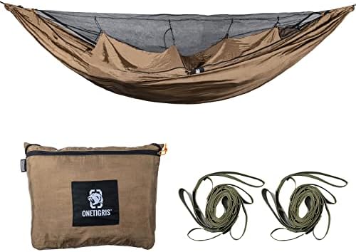 Onetigris kompound camping hammock со мрежа, лесен преносен хамак со топло внатрешно покритие и пријателски ленти за дрвја за ранец, кампување, пешачење, патување, плажа, двор