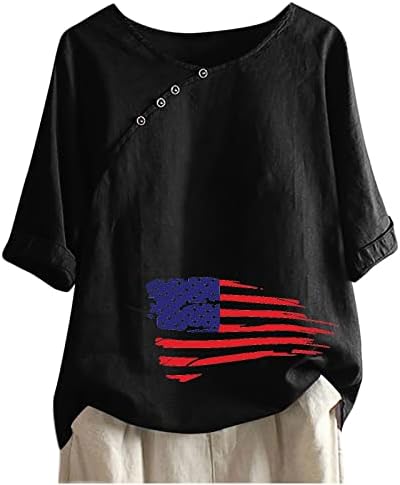 Денот на независноста памучна постелнина Топ жени Американско знаме печати 3/4 ракав блуза o вратот копче 4 -ти јули Патриотски мета