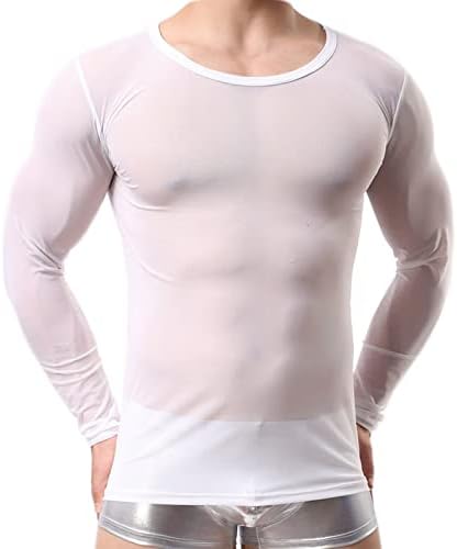 Машки секси чиста мрежа под подмачкување, полу -видете низ долна облека со маица со долги ракави, долна облека за мускули за мажи