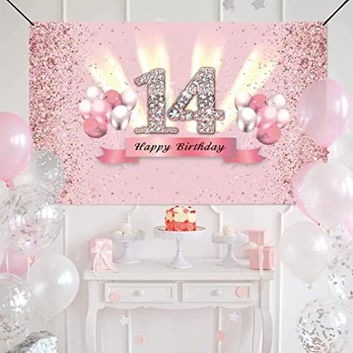 Декорации За 14-ти Роденден За Девојчиња Среќен 14-Ти Роденден Банер Забава Деко Девојка 14-Годишна Годишнина Забава Ткаенина Знак Постер Розова