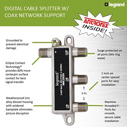 Легранд - Сплитер на кабел за кабел на ONQ 3, дигитален кабелски разделник за домашна канцеларија или театар, сплитер на сигнал за мрежи