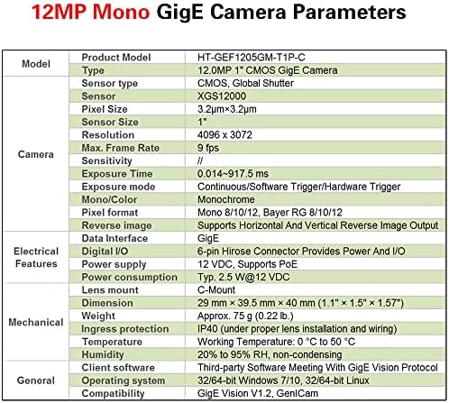 Hteng Vishi Gigabit Gige Ethernet 12MP 1 Mono Global Butter Industrial Camera Machion Vision C уста CMOS Scan Scan Camera 4096x3072 9FPS затворен