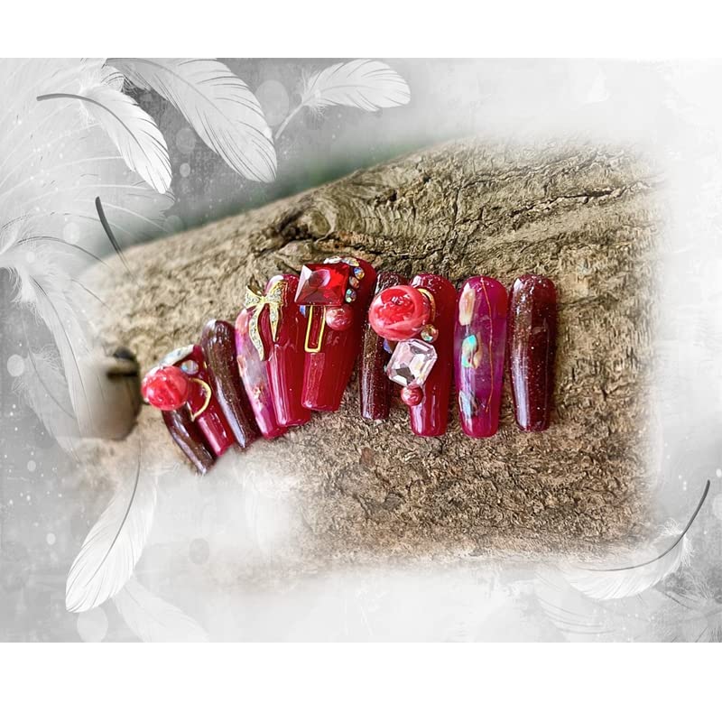 Вештачки Лажни Нокти Поставени 10 парчиња Цртање Роза Стакло Роза Дизајн Со Камења На Црвена Позадина Подароци За Жени И Девојки