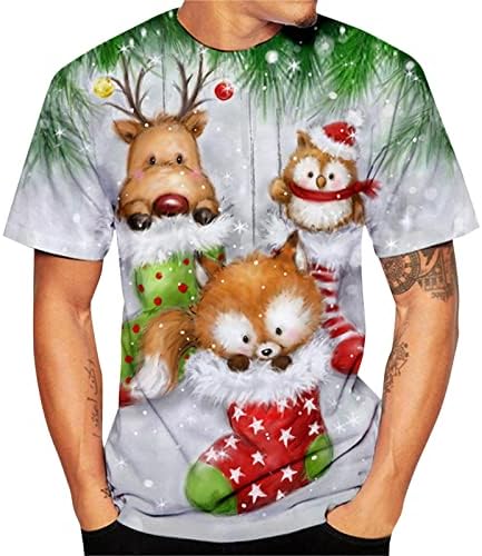 XXBR Божиќни кратки ракави маици за мажи, смешни Божиќни Дедо Мраз печати тркалезна врата на вратот на врвовите на тренингот