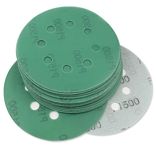 5-инчен дискови за пескарење, шкурка од 1500 решетки, влажни суви 8 дупки без прашина филм зелена линија и јамка Случајна орбитална сандер хартија