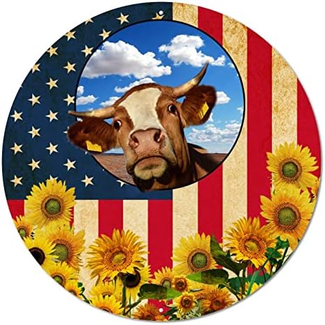 Изведено знаме на САД Смешна крава на Фарм Сино небо Сончовечи на штала, тркалезен метален калај знак гроздобер метал постер рустикален