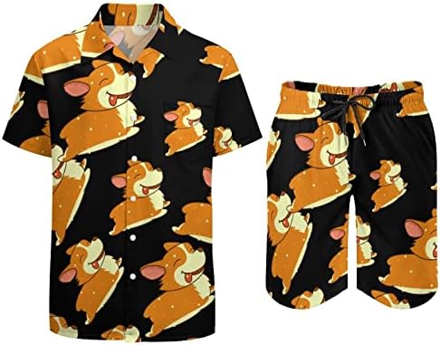 Смешни мачки на хавајски кошули со кратки ракави со кратки ракави и панталони за летни облеки на плажа лабава