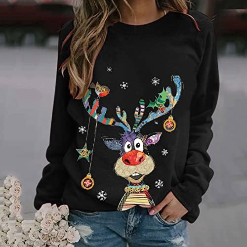 Божиќни кошули за жени 2022 модни графички екипи џемпери гроздобер смешни долги ракави пријатни симпатични туники врвови облеки облеки