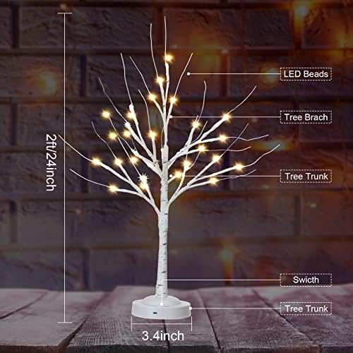 Светла од бела бреза дрво со 24 топло бели LED светла тајмер батерија оперирани светла од гранчиња од дрво