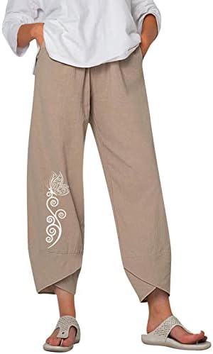 Летни постелнини панталони за жени со памучна постелнина со памучни ленти со панталони гроздобер печатење широка нога бохо панталони со