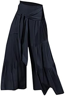 Елегантни баги панталони за одблесоци Cokuera, обична цврста боја удобна широка панталони за нозе плажа, деветти панталони Каприс