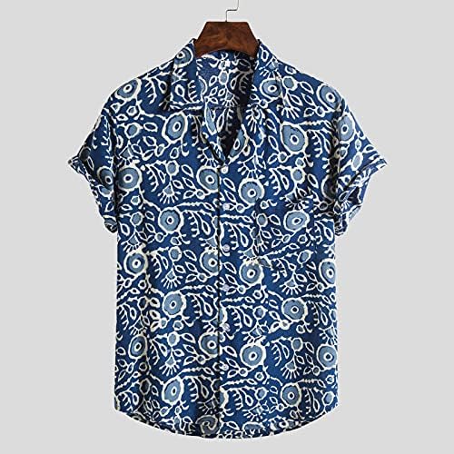 Машки памучни постелнина кошули со краток ракав лето опуштено копче за опуштено дополнување на хавајската кошула Гроздобер Бохо