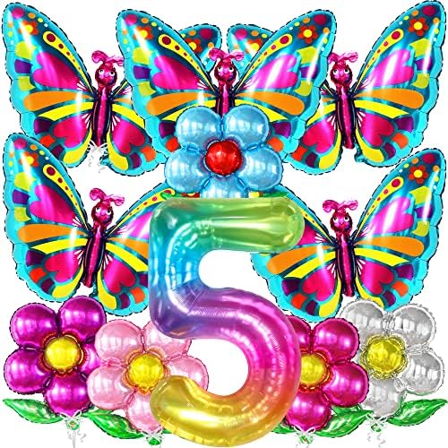 Гигант 5 балон и Пеперутка Балон-40 Инчен Виножито 5 Балон Број И Пеперутка Балони Со Цвет Балон | 5-Ти Роденден Украси Девојка | Пеперутка