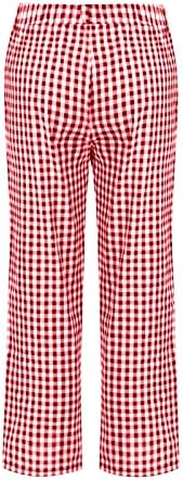 Капри панталони за жени обични широки ленени панталони карирани печати еластични панталони со високи половини харем плажа со џебови