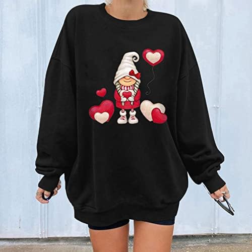 Женски гноми раглан кошула в Valentубени преголеми џемпери со долги ракави, слатки за џебови, симпатични loveубовни графички