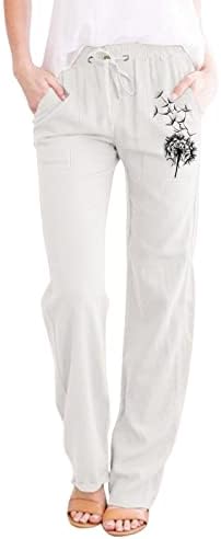 Постелни панталони MTSDJSKF за жени, обични високи половини со широко нозе, панталони со постелнина со џебови женски панталони