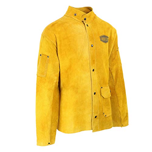 Ironcat 7005 отпорна на топлина Сплит кожна јакна - X -large, Kevlar Thread зашиена јакна за заварување во златно жолта боја. Заварувачки брзини