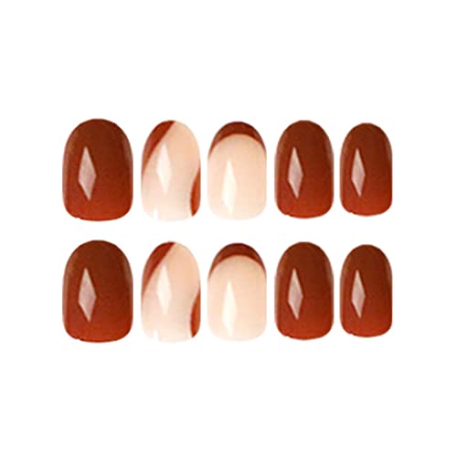 Yoyoee Краток бадем Прес на нокти - Француски кафеав лажни нокти во боја што одговара на слатки лажни нокти Совети за целосна покривка Нокти